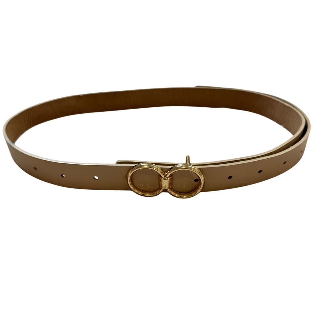 Tan Beige Skinny Belt Gold Double Circle Interlocking Buckle Faux Leather 40in